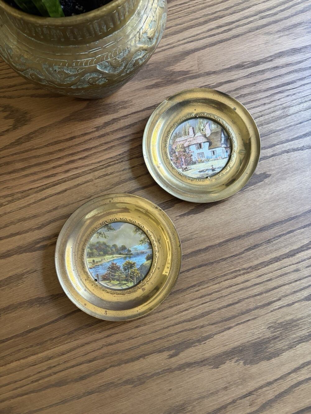 Vintage Foil Art Brass Framed Made In England Brass Plate Wall Hanging Set Of 2